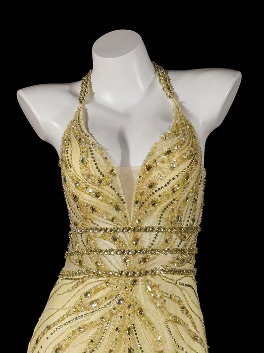 Champagne Halter Beaded Sequin Waist-Fitted Hip-Hugging Sexy Long Evening Gown for Parties & Balls gh7153