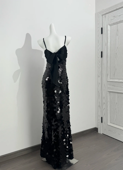 Black Spaghetti Strap Sequin Cinched Waist Fitted Sexy Prom Dress, Evening Gown gh7214