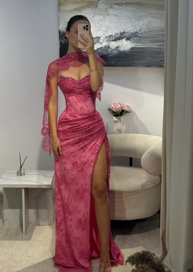 Vintage Fuchsia Sheath Lace Evening Gown High Slit Party Dress Long Formal Dress TP4964