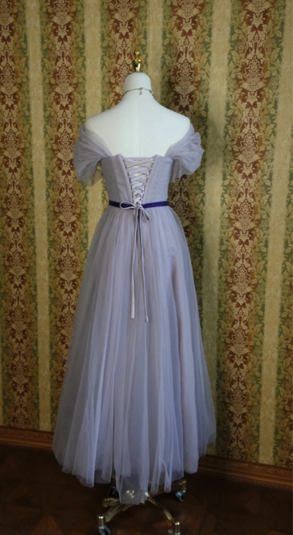 Elegant Purple A-line Puff Sleeve Tulle Long Prom Dress Evening Dress Bridesmaid Dress P4279