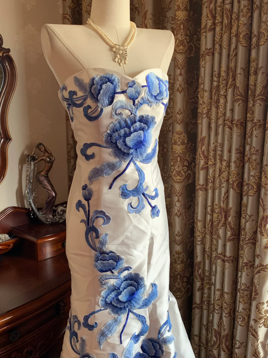 Blue Printed Classic Strapless Fitted Waist Elegant Prom Dress, Evening Ball Gown gh7288
