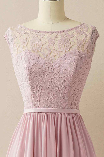 Wisteria A-line Illusion Lace Cap Sleeves Chiffon Long Bridesmaid Dress
