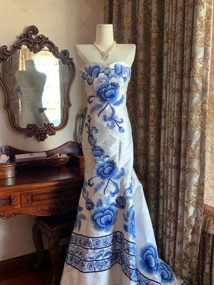 Blue Printed Classic Strapless Fitted Waist Elegant Prom Dress, Evening Ball Gown gh7288