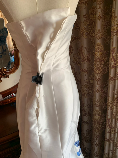 Blue Printed Classic Strapless Fitted Waist Elegant Prom Dress, Evening Ball Gown gh7288