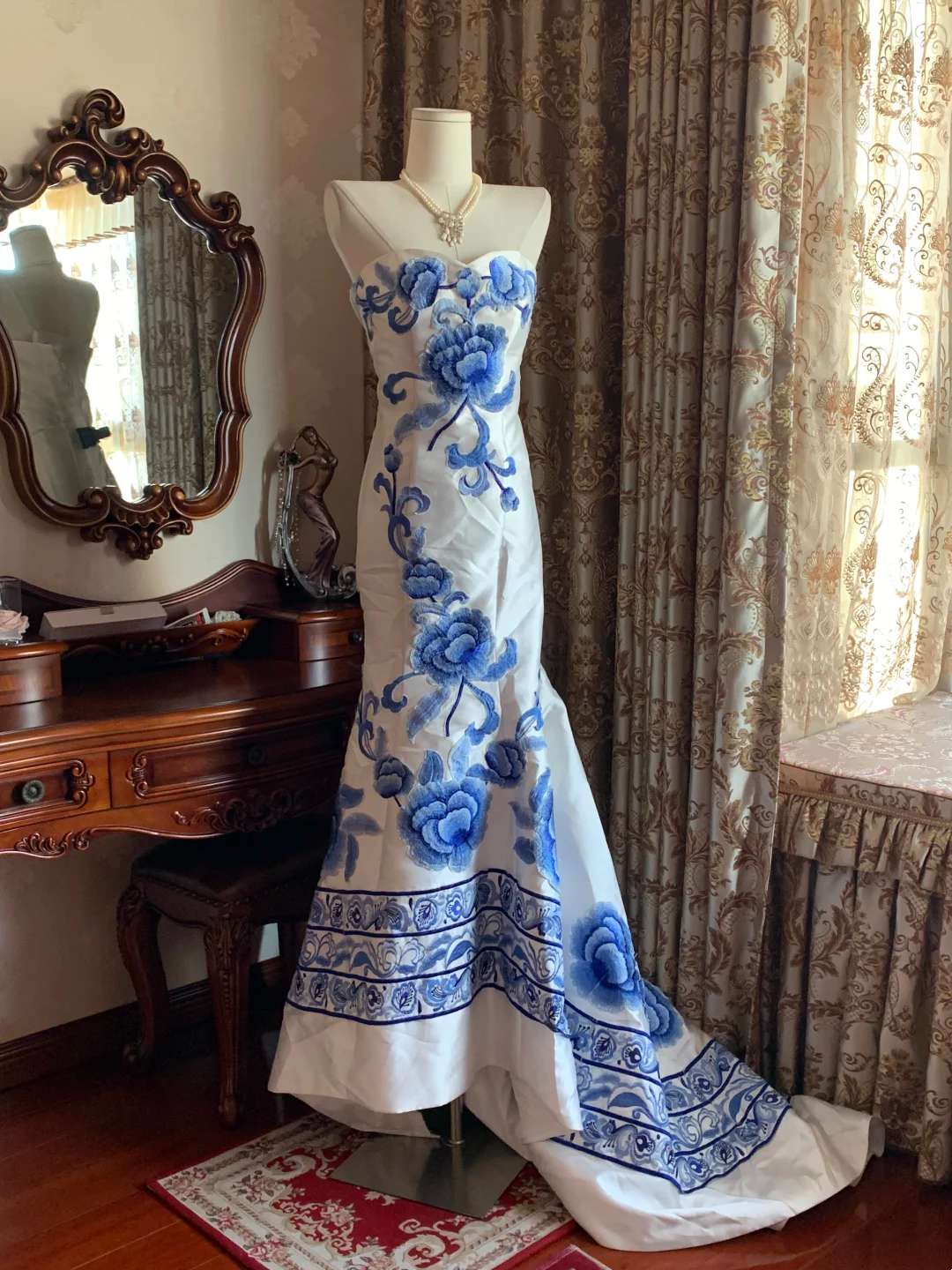 Blue Printed Classic Strapless Fitted Waist Elegant Prom Dress, Evening Ball Gown gh7288