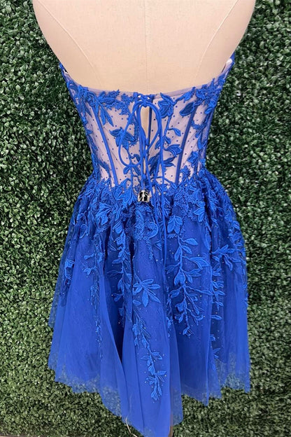 Royal Blue Strapless Appliques A-line Homecoming Dress