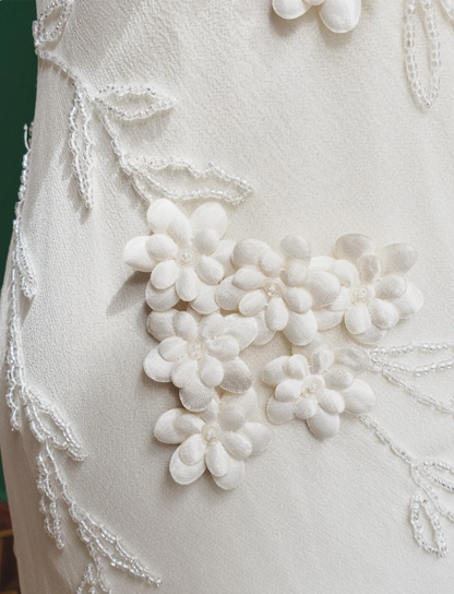Elegant White Mermaid Spaghetti Strap U-neck 3D Foral Embroidery Chiffon Prom Dress Evening Dress P4280