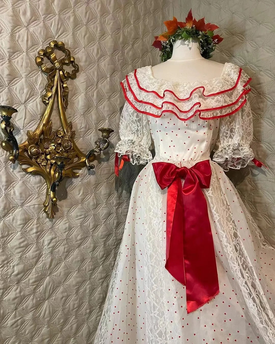 Retro White And Red Color-Blocked Ruffled Collar Polka Dot Bow Lace A-line Long Prom Dress Evening Dress P4281