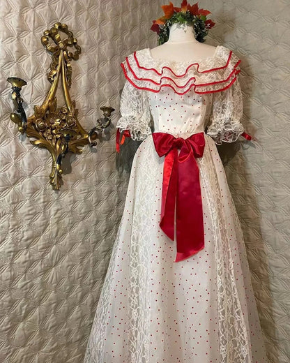 Retro White And Red Color-Blocked Ruffled Collar Polka Dot Bow Lace A-line Long Prom Dress Evening Dress P4281