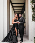 Sexy Black High Slit Prom Dress Tight Satin Wedding Guest Outfit