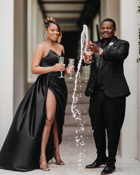 Sexy Black High Slit Prom Dress Tight Satin Wedding Guest Outfit