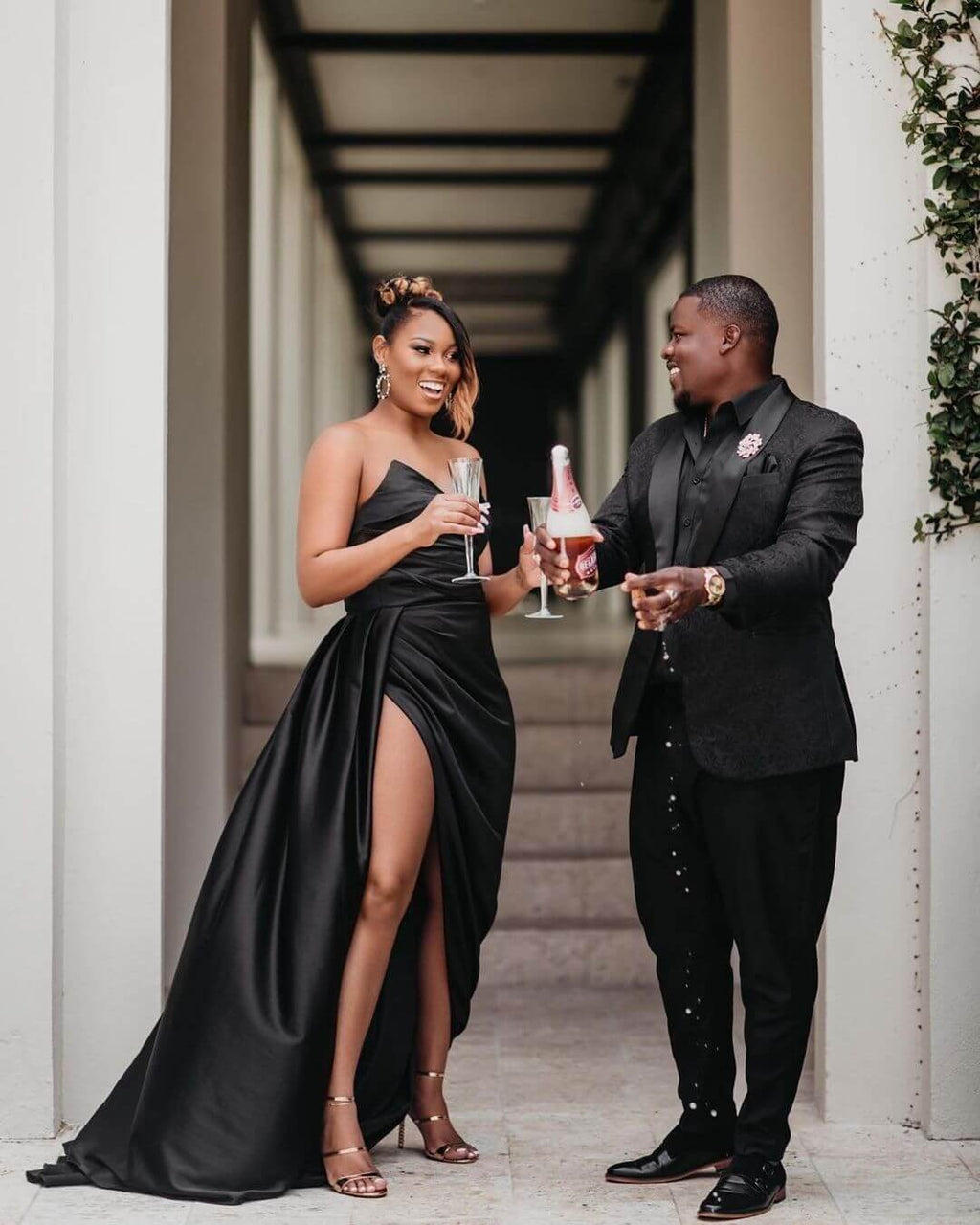 Sexy Black High Slit Prom Dress Tight Satin Wedding Guest Outfit