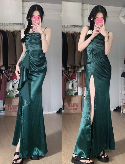 Elegant Navy Blue Mermaid High-Slit Ruffled Satin Long Prom Dress Evening Dress P4288