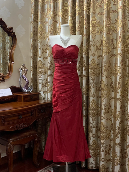 Red Strapless Waist-Cinched Fitted Long Prom Dress, Evening Party Gown gh7289