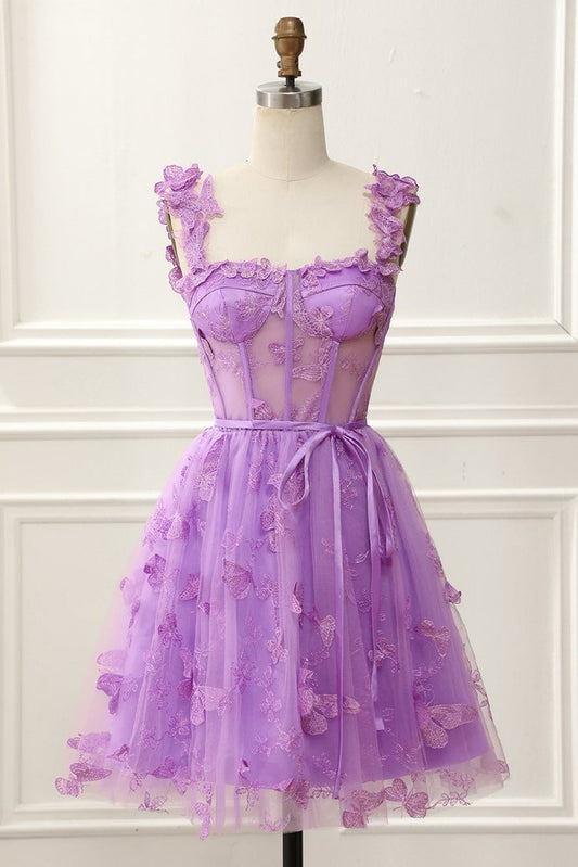Lilac A-line Appliques Spaghetti Strap Tulle Homecoming Dress