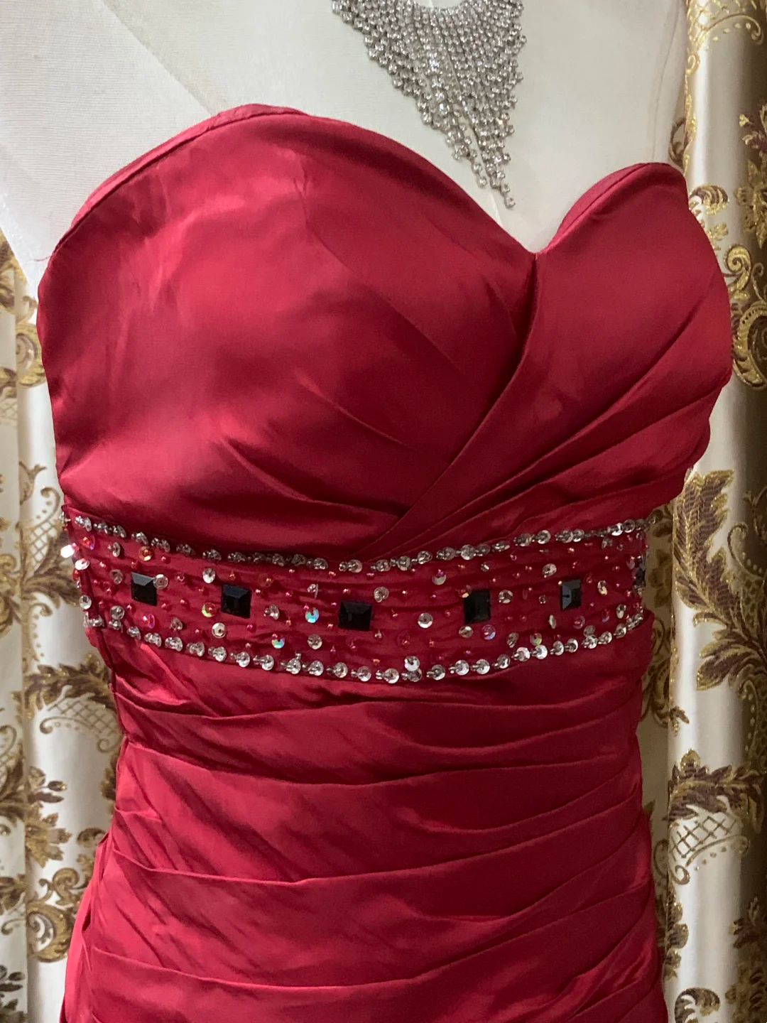 Red Strapless Waist-Cinched Fitted Long Prom Dress, Evening Party Gown gh7289
