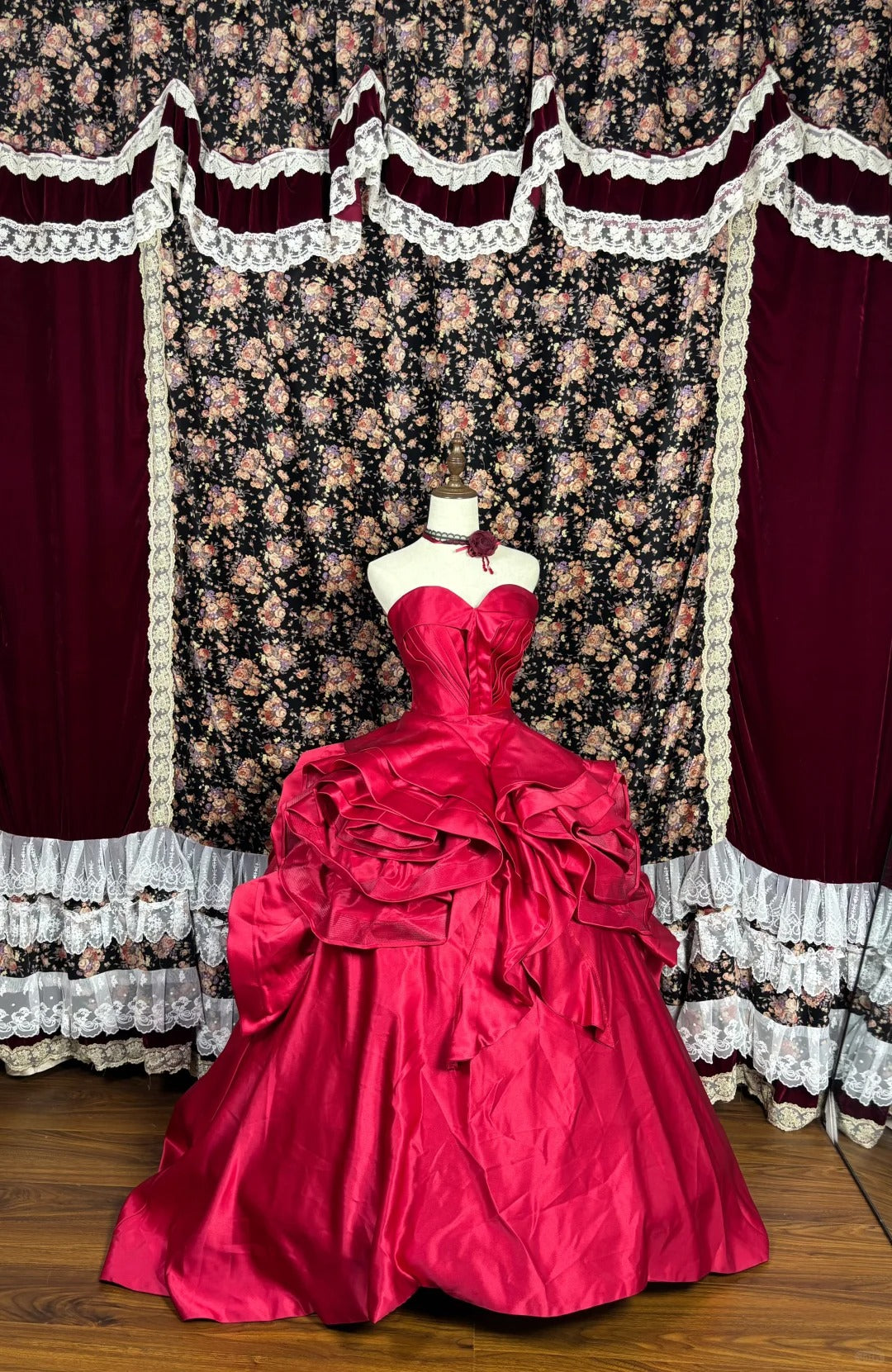 Red rose long satin ball gown evening dress gh4767