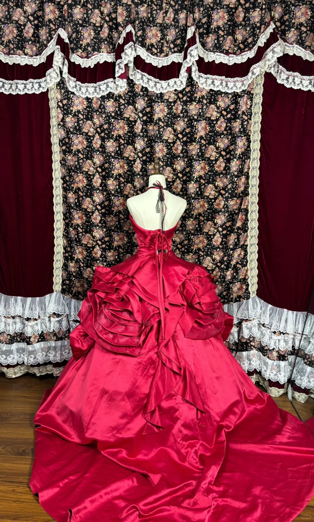 Red rose long satin ball gown evening dress gh4767