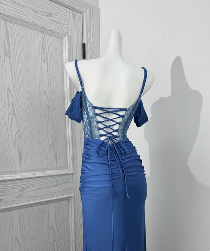 Light Blue Spaghetti Strap Off-the-Shoulder Cinched Waist Sexy Prom Dress, Evening Gown gh7217