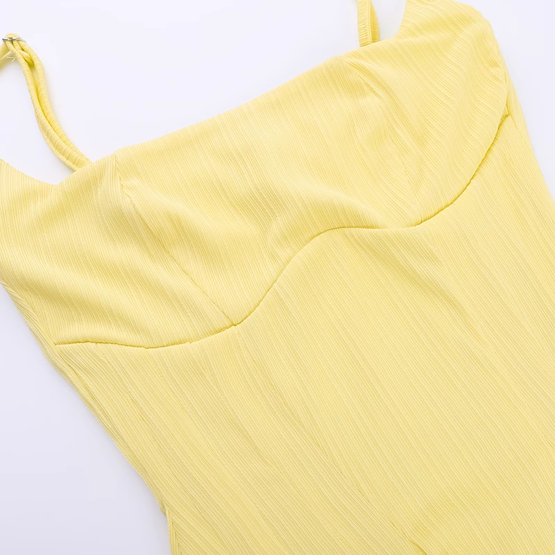 Women New Simple Fashion Yellow High-waist Spaghetti Strap Dress TP2889