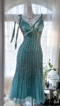 Elegant Blue Sparkling Beaded Spaghetti Strap V-neck Romantic Chiffon Evening Dress Prom Dresses TP3982