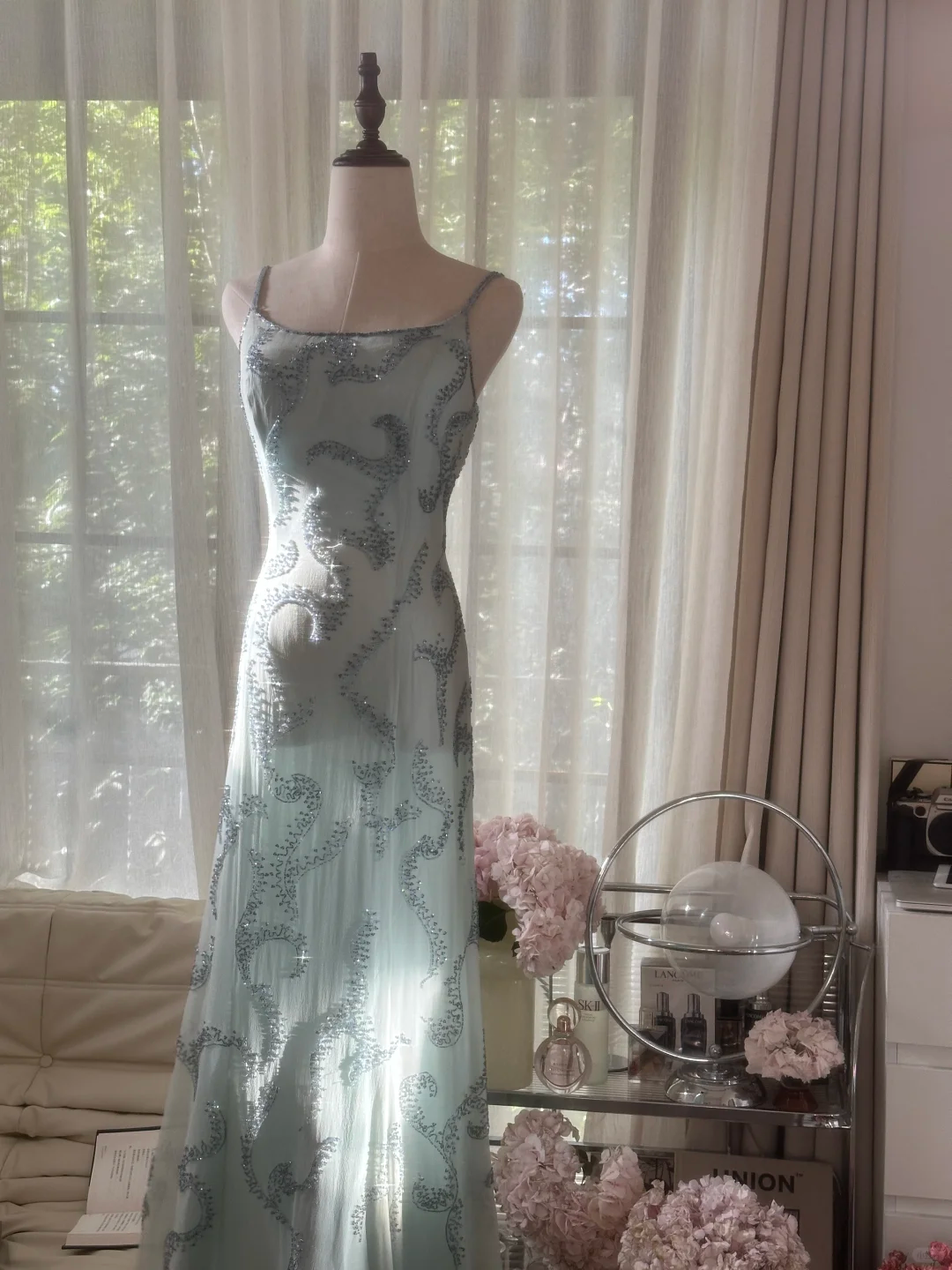 Light Blue Gorgeous Sparkling Fashion Elegant Exquisite Beaded Long Chiffon Fairy Ball Gown Evening Dress Birthday/Wedding Guest/Vacation Party Dress Prom Dress Valentine's Day Date Dress gh4036