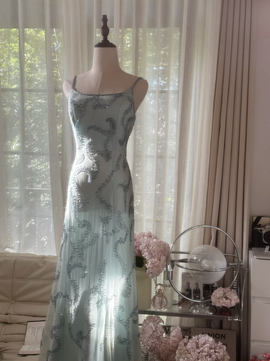Light Blue Gorgeous Sparkling Fashion Elegant Exquisite Beaded Long Chiffon Fairy Ball Gown Evening Dress Birthday/Wedding Guest/Vacation Party Dress Prom Dress Valentine's Day Date Dress gh4036