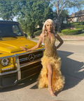 Charming Gold Crystal Prom Dresses Ruffles Formal Dress Long