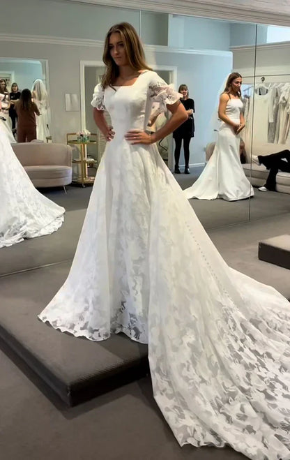 Girlhomeshops-White lace long elegant tulle wedding prom dress gh5434