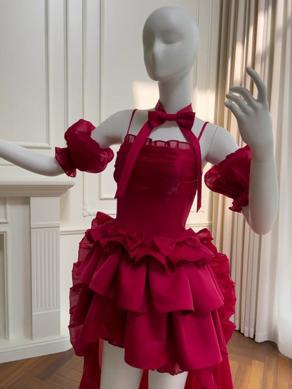girlhomeshops-Burgundy Satin Spaghetti-Strap Puff-Sleeve Train Gown  gh6383