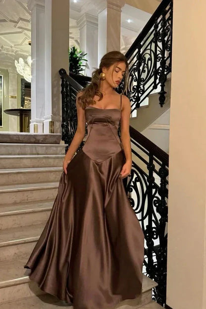 Bateau Spaghetti Straps Satin A-Line Long Party Prom Dress