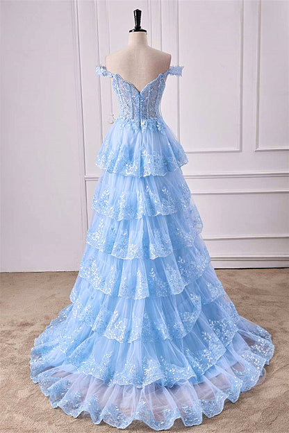 Hot Pink Off-Shoulder Sequined Layers A-line Long Prom Dress with Slit