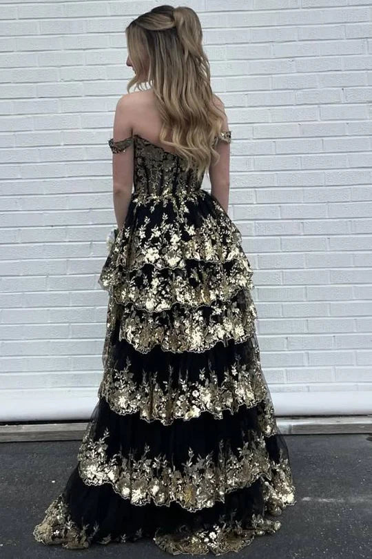 A-Line Off-Shoulder Empire With Side Slit Lace Prom Dress