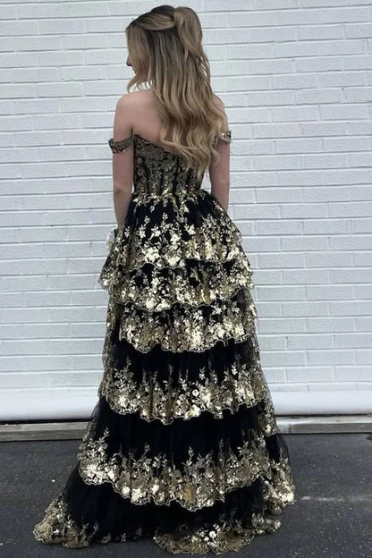 A-Line Off-Shoulder Empire With Side Slit Lace Prom Dress