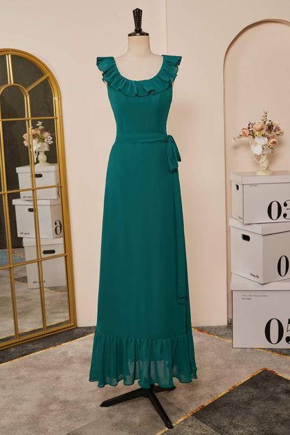 Teal Chiffon Ruffled Neckline Sleeveless Long Bridesmaid Dress