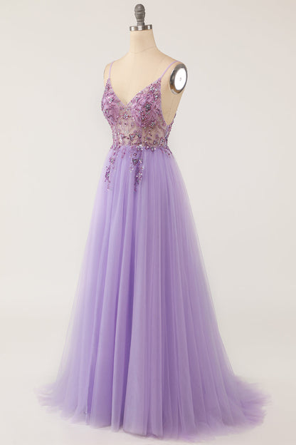 V-Neck Open Back Sheer Empire Tulle A-Line Prom Party Dress