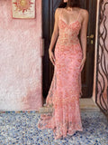 Vintage Pink Lace Sheath Prom Dress Long Evening Dress Spaghetti Strap Formal Dress TP4583