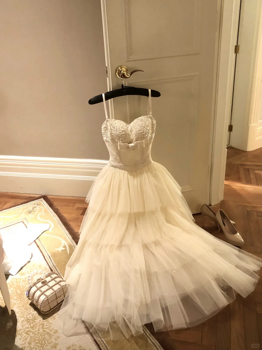 Light Apricot Spaghetti Straps Waist-Cinched Tiered Skirt Evening Dress, Fairy Gown, Romantic Gown gh7381