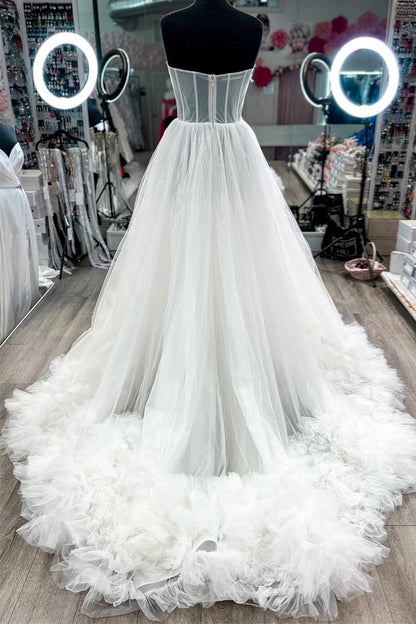 White Ruffles Strapless A-line Tulle Long Prom Dress