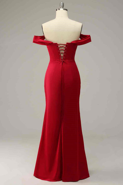 Off-Shoulder Satin Ruched Empire Party Prom Dress