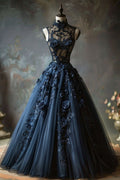 Vintage-inspired Navy Blue High-neck Ball Gown Dress Intricate Sheer Lace Appliques