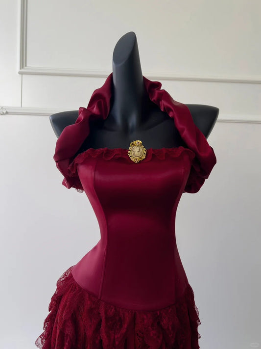Burgundy Vintage Long Satin Ball Gown Birthday Party Dress Evening Dress gh4409