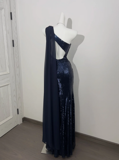 Navy Blue Sequin One-Shoulder Waist-Cinched Elegant Prom Gown, Evening Formal Dress gh7234
