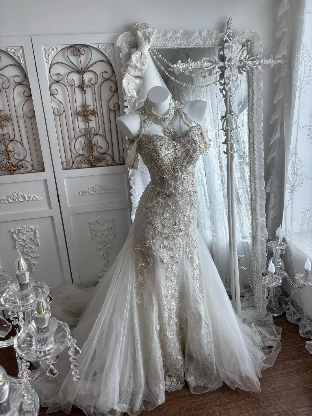 White Halter Neck Beaded Waist-Cinched Sexy Bodycon Prom Gown, Evening Gown & Bridal Wedding Gown gh7345