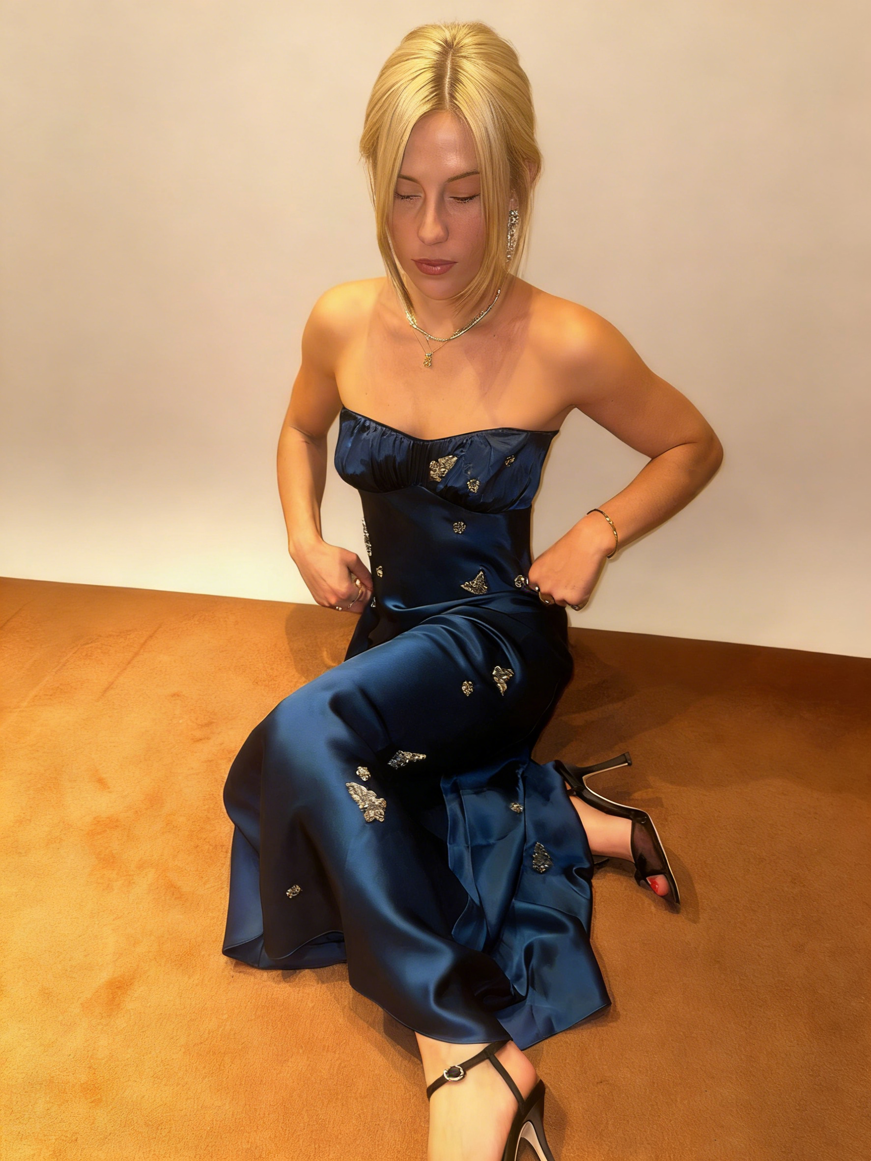 Satin Square Neck Puff Sleeve Maxi Dress - Crystal Embellished Backless Elegant Gown gh6974