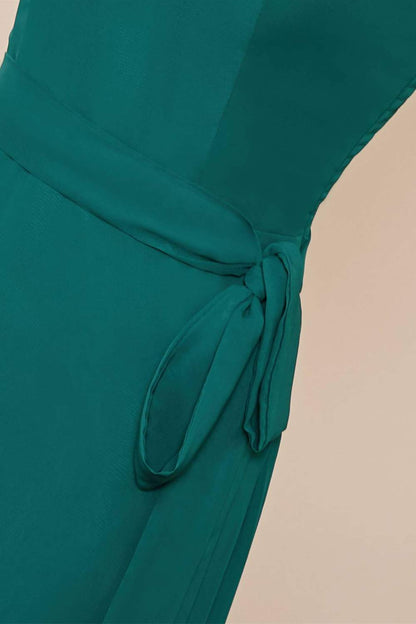 Teal Chiffon Ruffled Neckline Sleeveless Long Bridesmaid Dress