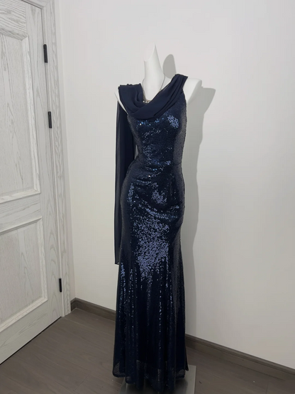 Navy Blue Sequin One-Shoulder Waist-Cinched Elegant Prom Gown, Evening Formal Dress gh7234
