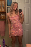 Pink Cowl Neck Sheath Sequins Mini Homecoming Dress Hoco Dresses Tight