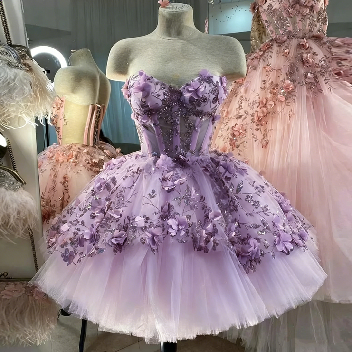 Chic Pink Prom Dresses Hand Made Flowers 18th Birthday Outfits P1841