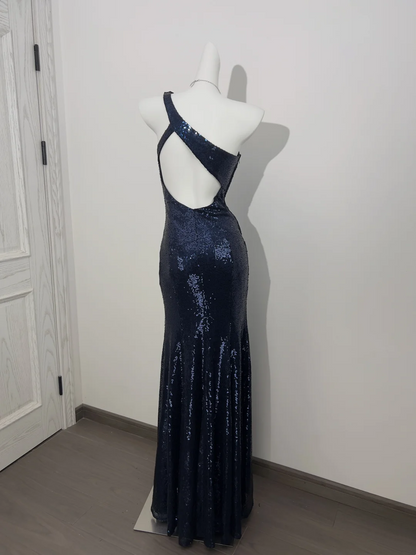 Navy Blue Sequin One-Shoulder Waist-Cinched Elegant Prom Gown, Evening Formal Dress gh7234